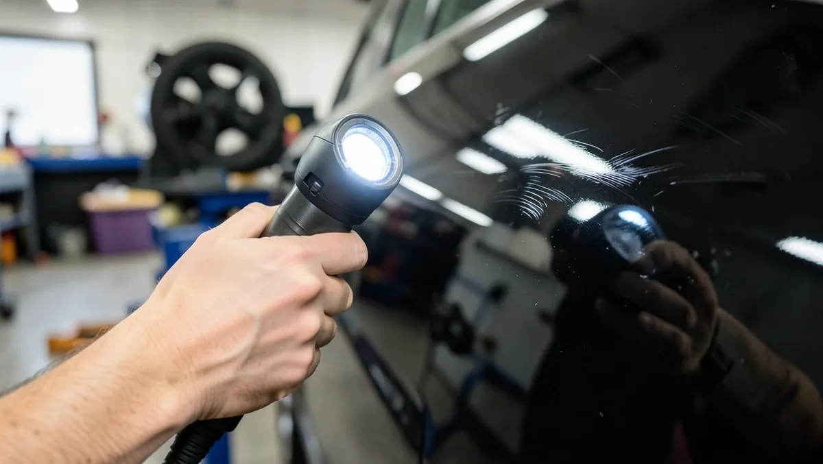 detailer inspecting car paint with an LED swirl-finder lamp after the final polishing pass