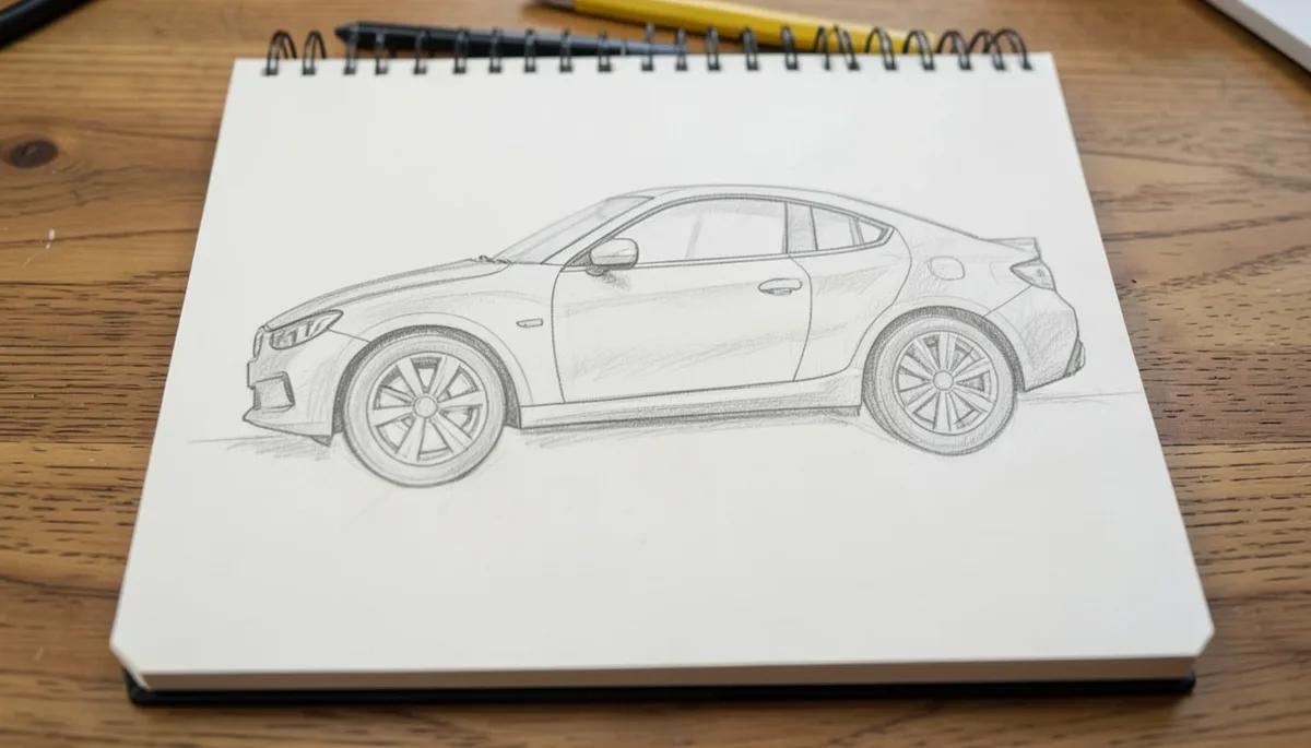 Refined pencil sketch of a car with wheel arches and body lines