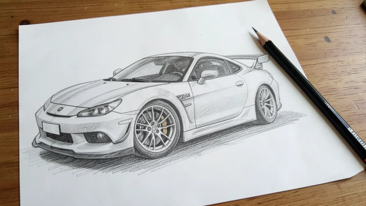 Detailed pencil sketch of a sports car with a spoiler and custom rims