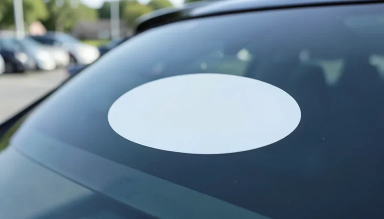 Blank oval vinyl decal applied to a car rear windshield in a parking lot