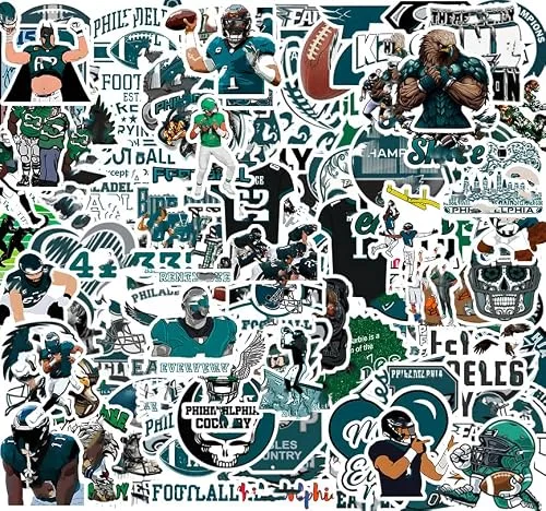 100 PCS American Sport Team Stickers Pack with Philadelphia Eagles themed vinyl decals for cars, laptops, and water bottles