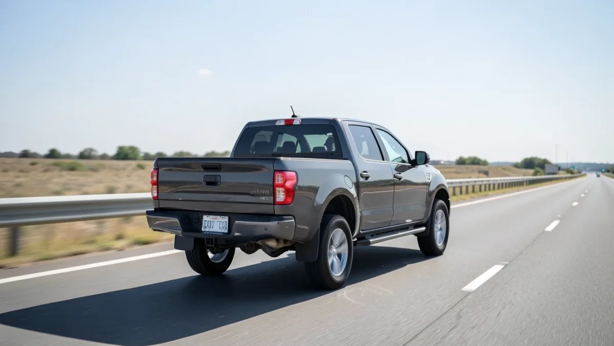 Pickup truck driving away on a highway showing its tall stance and high ground clearance