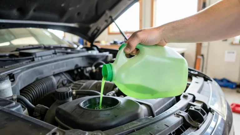 hand pouring green coolant into a car radiator overflow reservoir under an open hood