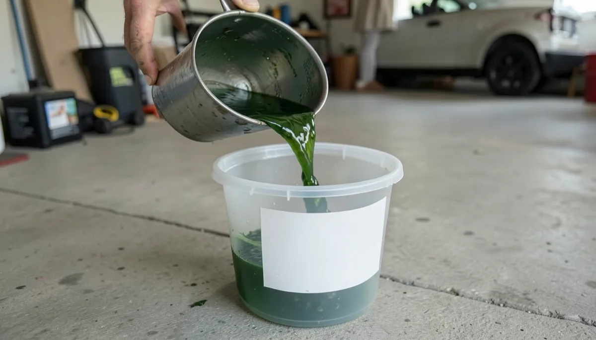 Used coolant being poured from a drain pan into a sealed container for disposal