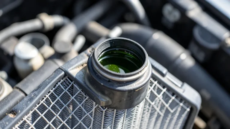 Open car radiator cap showing green coolant inside, engine bay in background