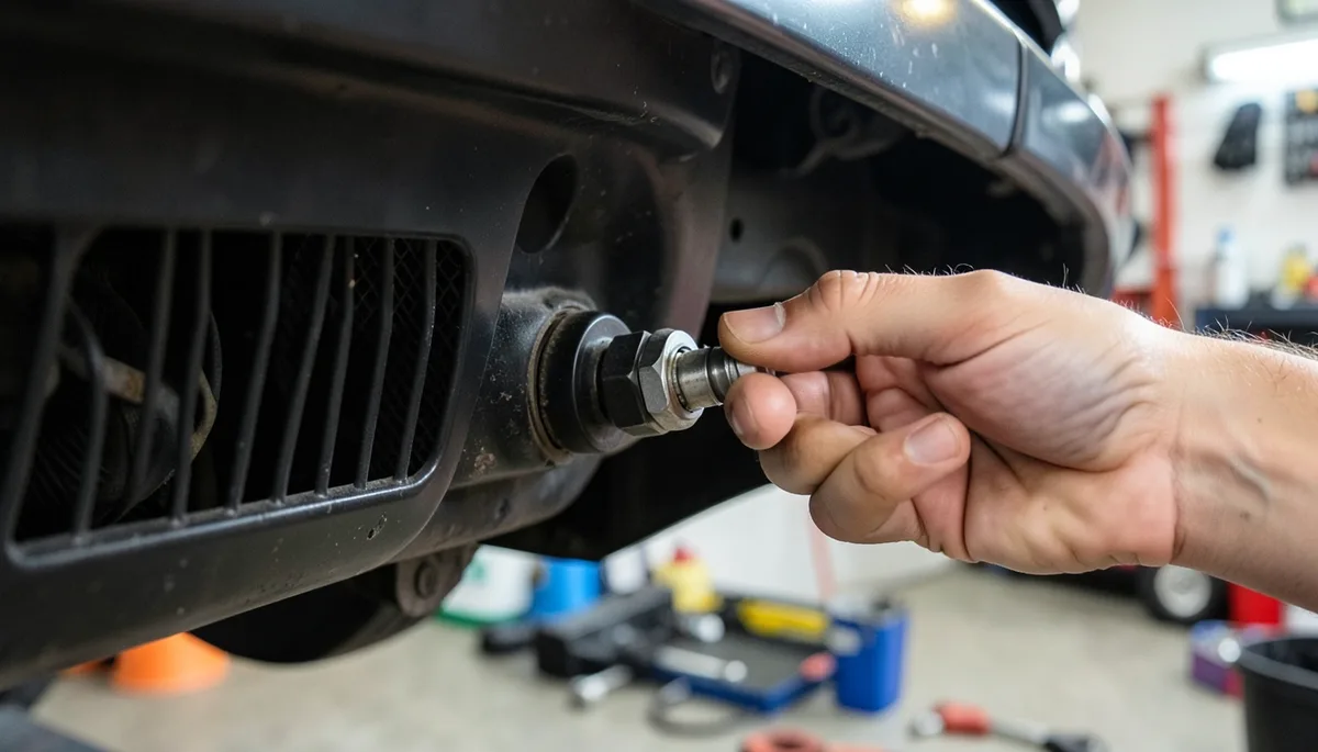 close-up of a car radiator drain petcock valve being opened by hand