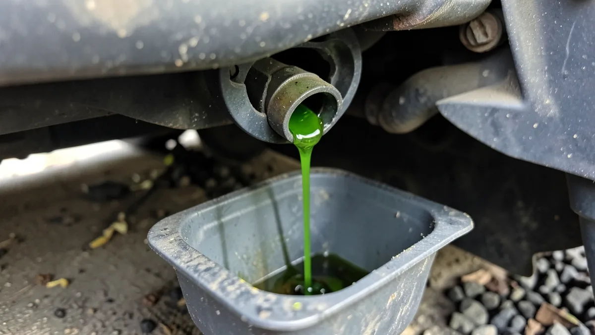 Green coolant draining from an open radiator drain valve into a drain pan