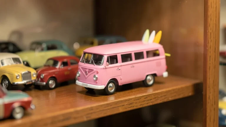 Pink toy Volkswagen Beach Bomb van with surfboards displayed among vintage die-cast toy cars