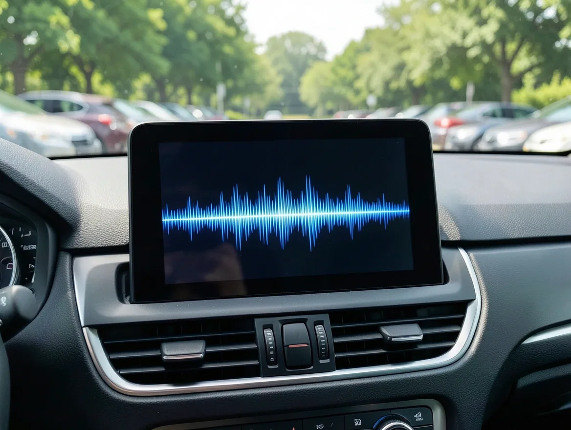Car dashboard infotainment touchscreen displaying an audio waveform while tuned to an FM station
