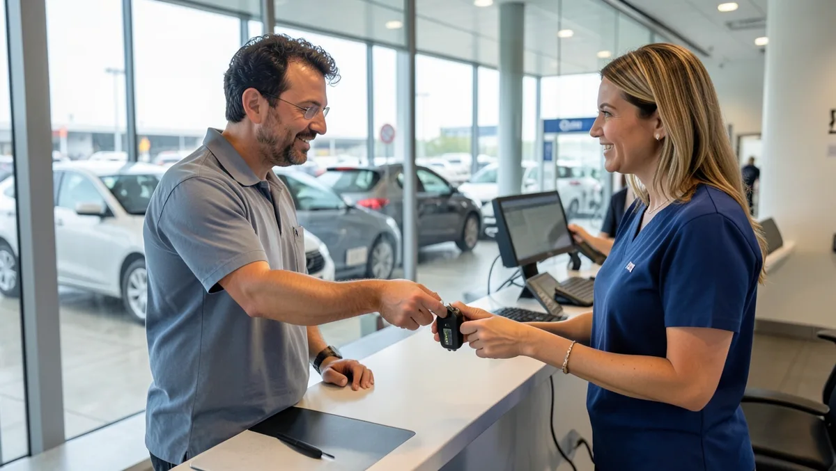 Rental car agent handing keys to a customer at the rental counter
