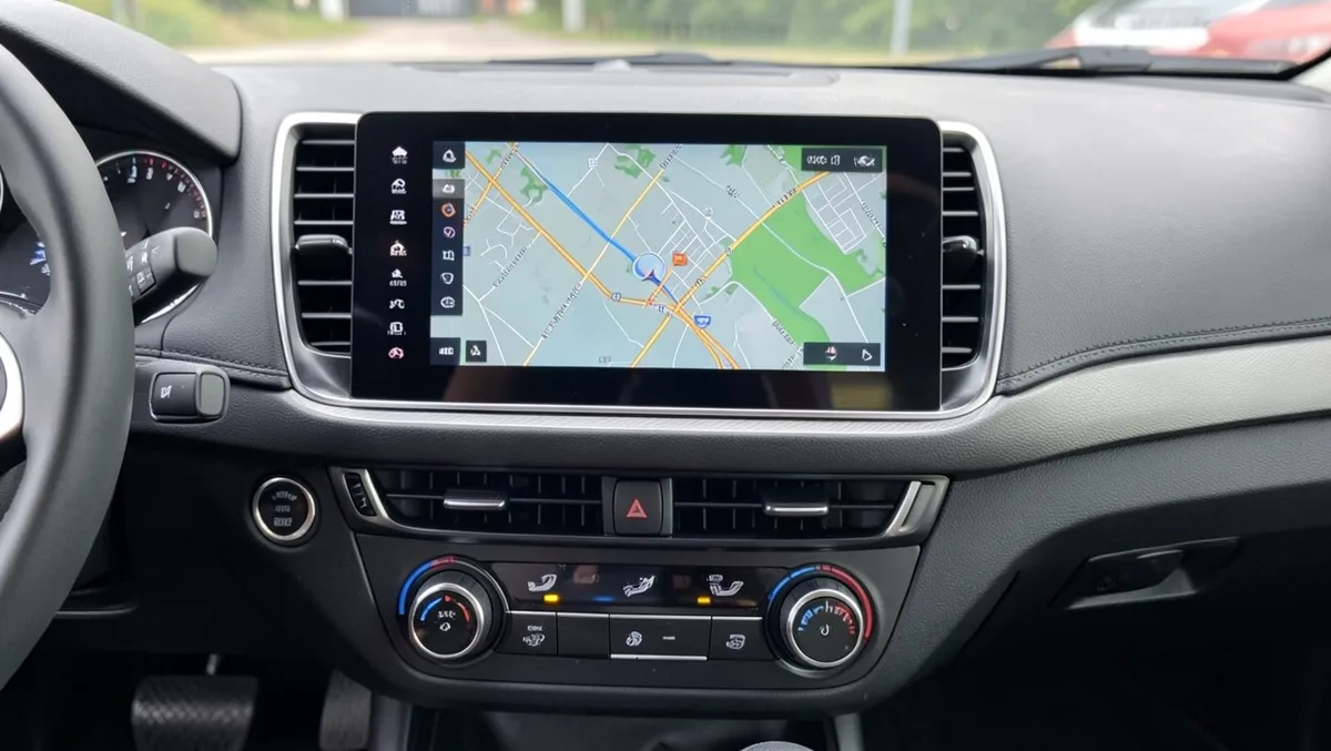 Modern rental car dashboard with GPS navigation touchscreen