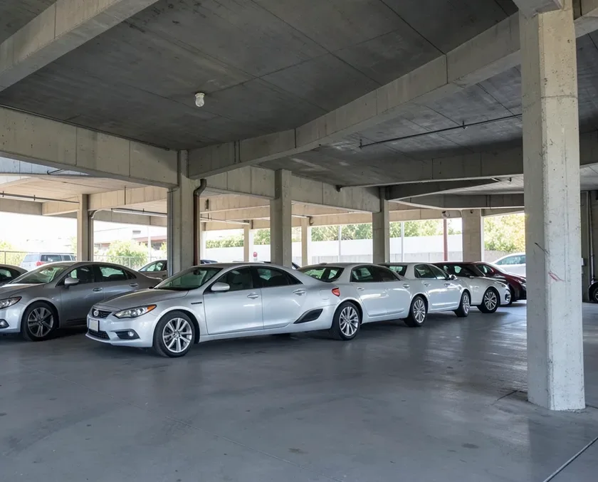Row of rental sedans parked under cover at a rental car facility
