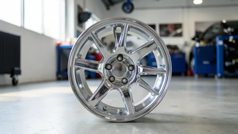 New chrome alloy replacement wheel standing on a garage floor, ready to be matched to a car's bolt pattern and offset