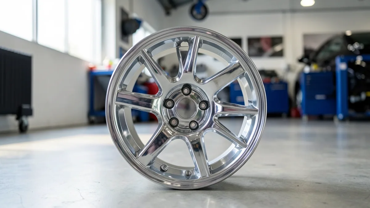 New chrome alloy replacement wheel standing on a garage floor, ready to be matched to a car's bolt pattern and offset