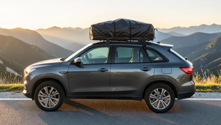 Gray SUV parked on a mountain overlook road with a black waterproof cargo bag strapped to its roof rack basket