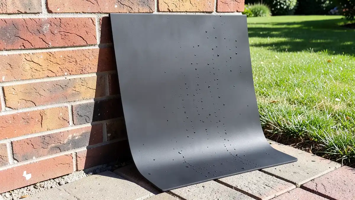 Black rubber car floor mat leaning against a wall outdoors to air dry