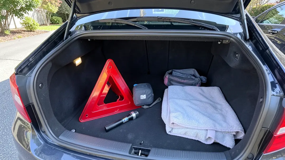 Open car trunk packed with a reflective safety triangle, first aid pouch, flashlight, and blanket for a roadside emergency kit