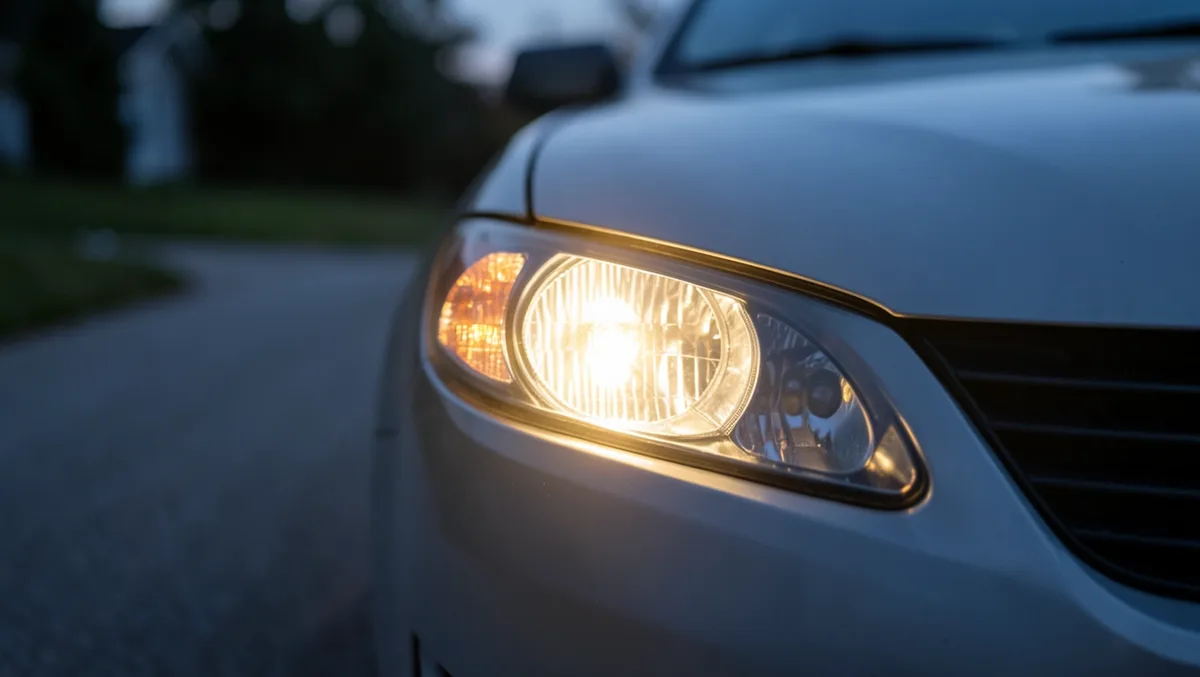 Close-up of a car headlight and amber turn signal lit up during a pre-trip lights check