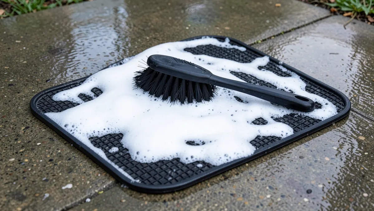 Rubber car floor mat covered in soap suds with a stiff bristle scrub brush