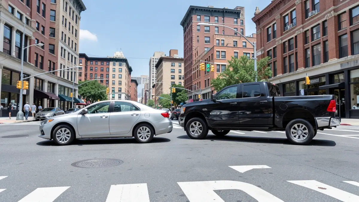 Small sedan and large pickup truck stopped side by side at a city intersection showing the size mismatch between them