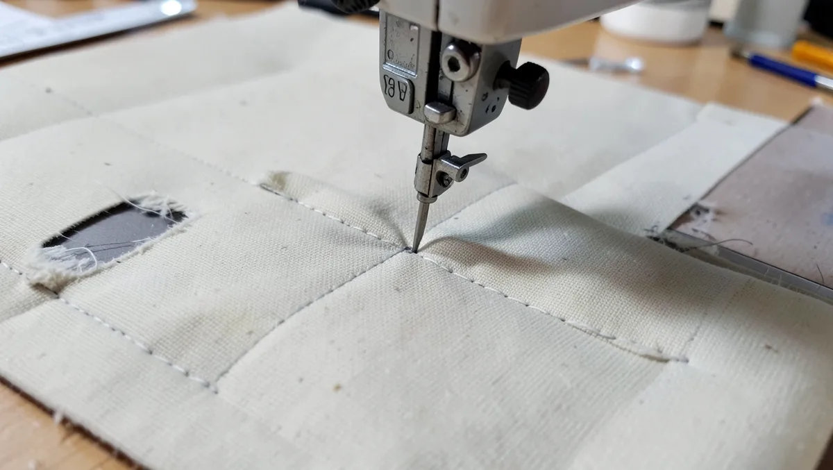 Sewing machine stitching a repair seam on torn car seat upholstery