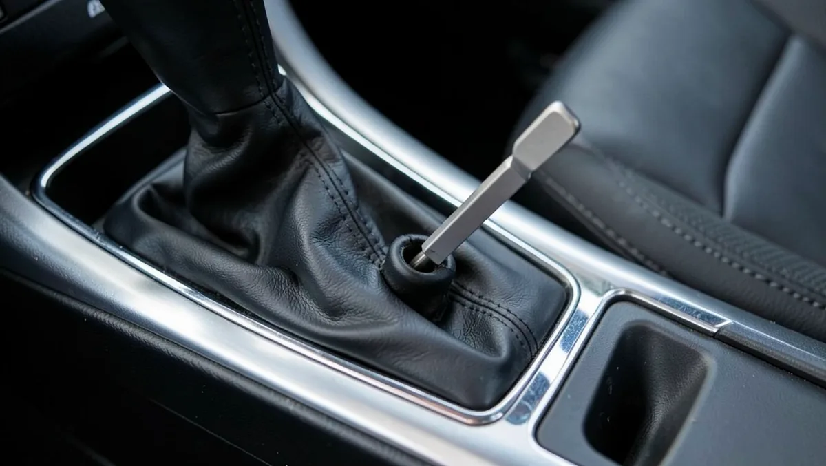 A small flathead screwdriver inserted into the shift lock override slot next to an automatic gear shifter