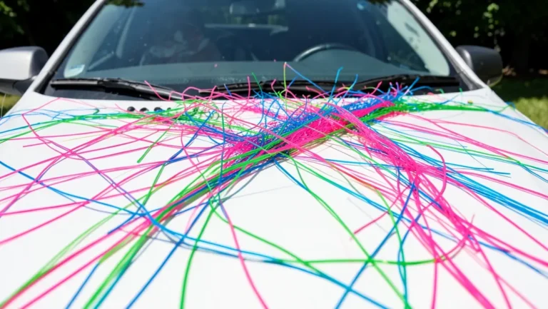 Colorful silly string sprayed across the hood and windshield of a white car