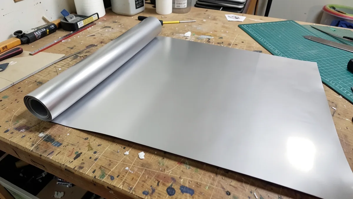 Partially unrolled sheet of blank silver vinyl on a workbench ready to be cut into a decal