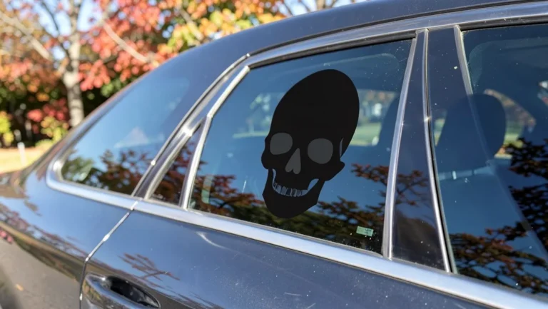 Black skull-shaped vinyl decal sticker on the rear side window of a parked car