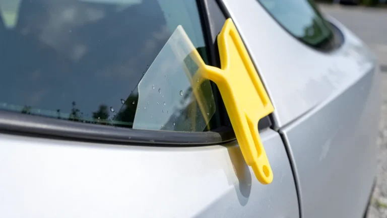 Squeegee tool smoothing a clear vinyl decal onto a clean car window, air bubbles being pushed out