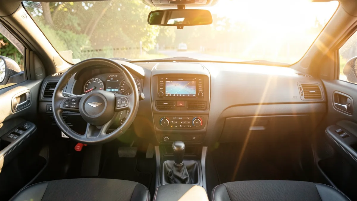 Bright sunlight streaming through a car windshield onto the dashboard