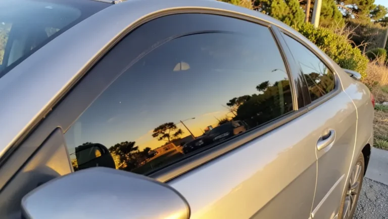 Close-up of a car side window with dark tint reflecting warm sunset light
