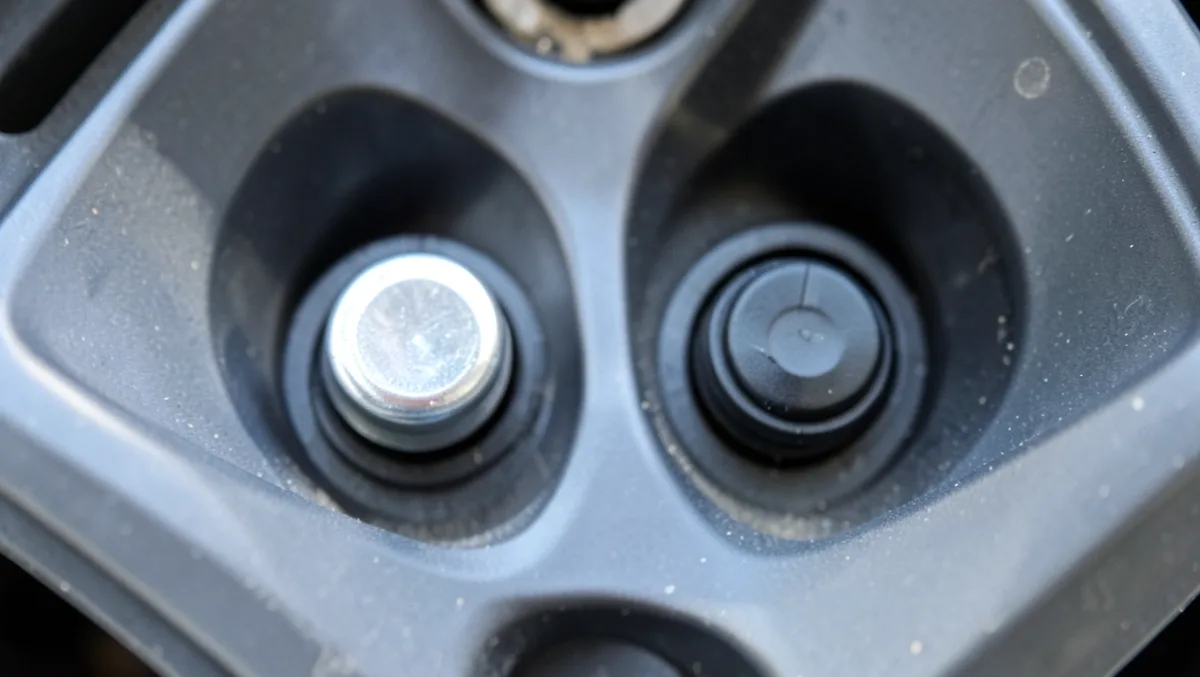 Metal valve cap next to a plastic valve cap mounted on a car wheel, comparing the two cap types