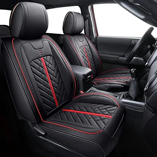 Tomatoman full-set black and red faux-leather seat covers installed in a Toyota Tacoma, compatible with 2005-2026 models and airbag-safe side seams