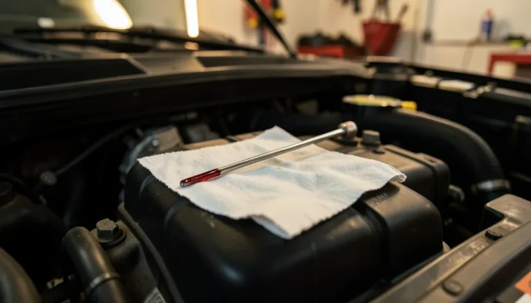 transmission dipstick with red fluid resting on a shop rag in a car engine bay