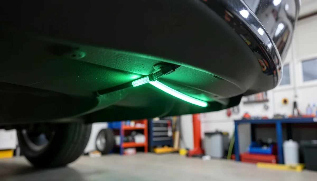 LED underglow light strip zip-tied under a car rocker panel during installation