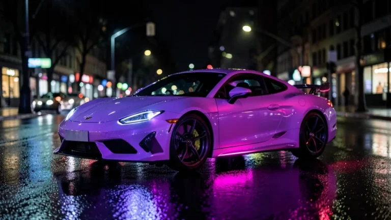 Sports car with legal purple and pink LED underglow lighting glowing beneath the body at night