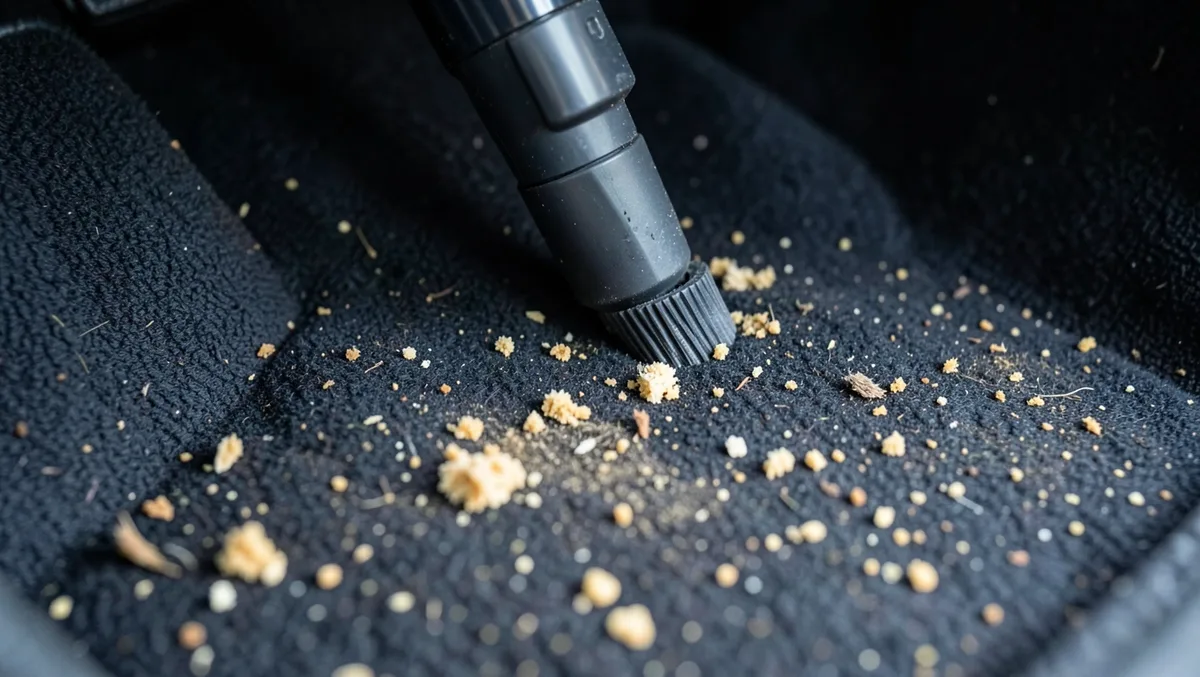 Crevice tool attachment removing food crumbs from a rental car footwell carpet