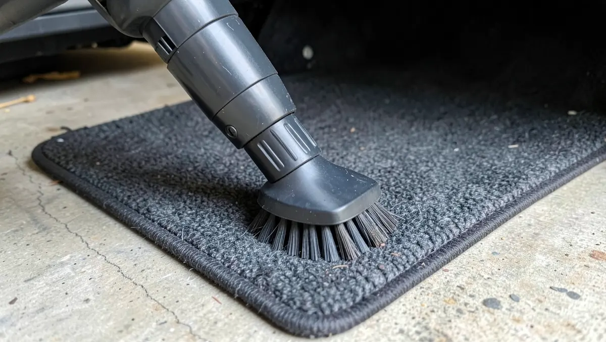 Vacuum brush attachment cleaning a dark gray carpet car floor mat