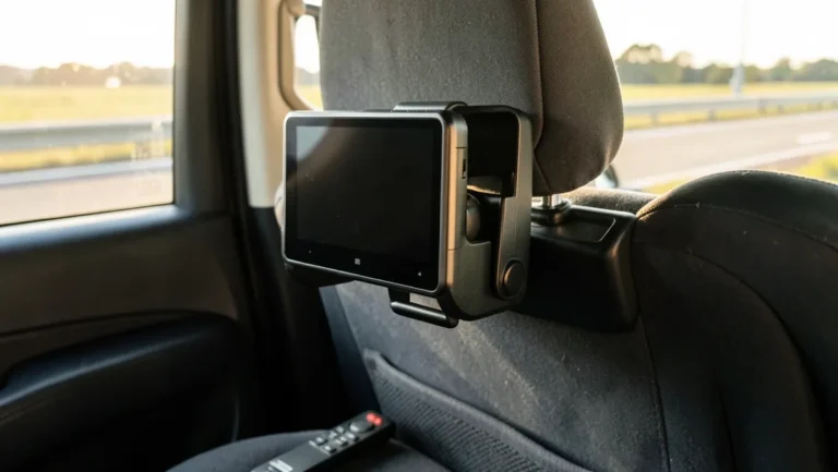 Dual-screen portable DVD player mounted on a car headrest with the screen off