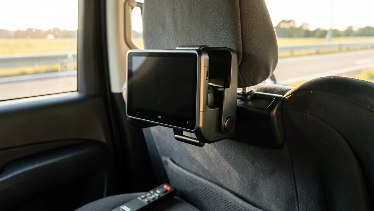 Dual-screen portable DVD player mounted on a car headrest with the screen off