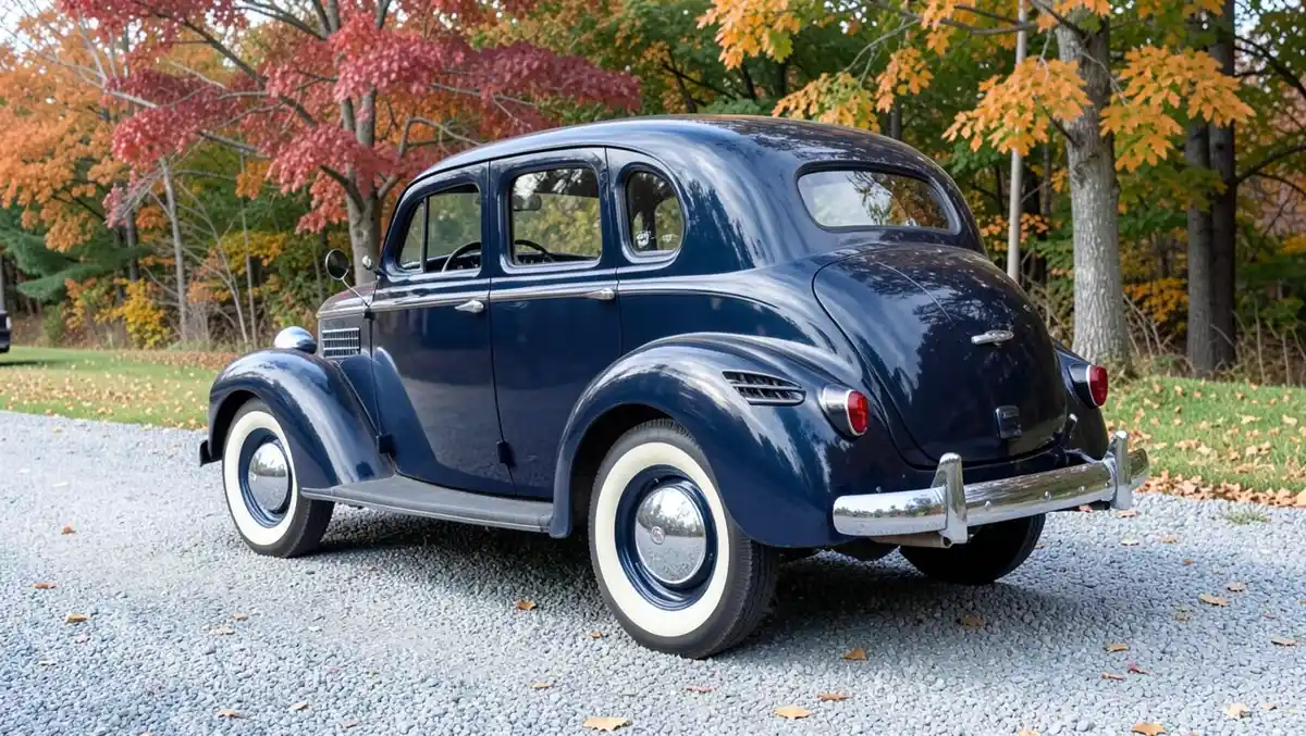 Dark blue vintage sedan with wide whitewall tires parked outdoors in autumn