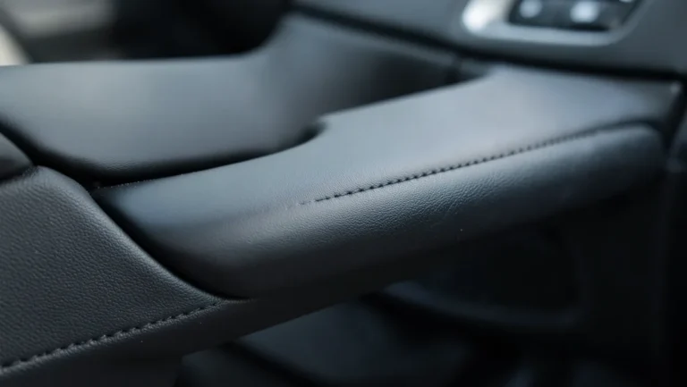 Close-up of a restored car door armrest and trim with a rich matte-satin vinyl finish