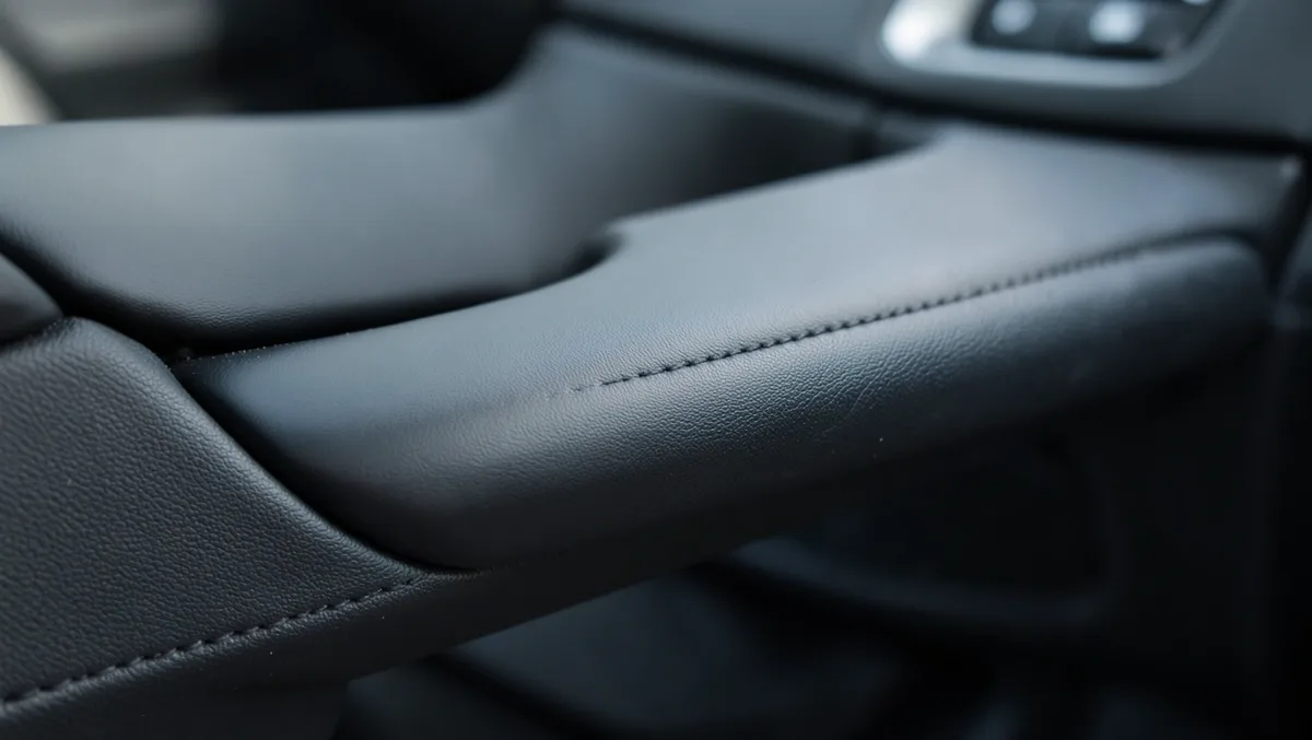 Close-up of a restored car door armrest and trim with a rich matte-satin vinyl finish