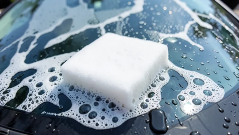 Soapy sponge covered in suds cleaning a car windshield