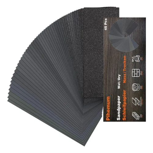 45 PCS Wet Dry Sandpaper 80-5000 Grit Sheets for Polishing & Finishing | 9 x 3.6 Inch Sand Paper Assortment Pack, Si