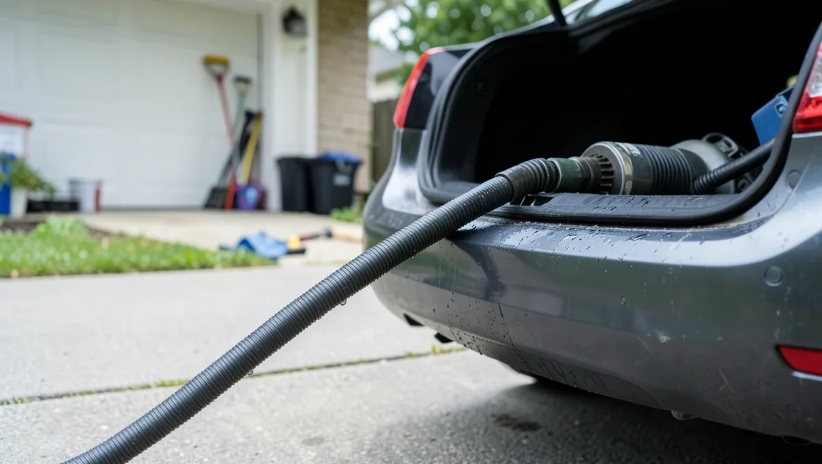 Wet/dry shop vacuum hose extended into an open car trunk for deep detailing extraction