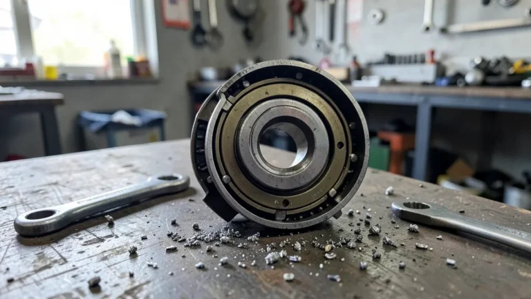 Disassembled car wheel bearing hub assembly resting on a mechanic workbench with wrenches