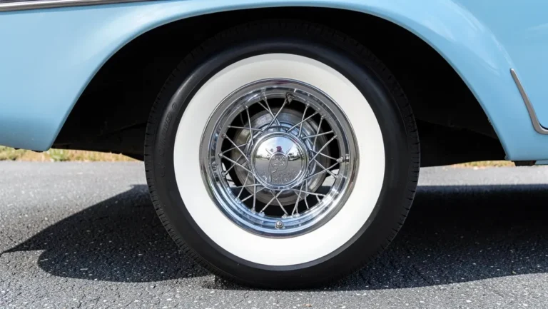 Close-up of a wide whitewall tire on the chrome wire wheel of a classic car