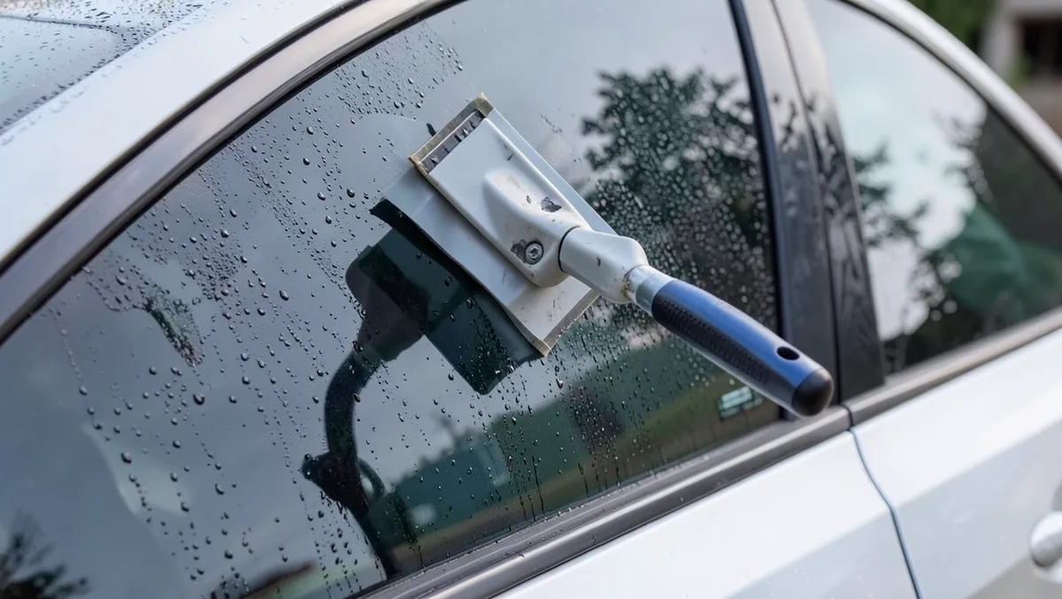 Squeegee smoothing window tint film onto a wet car window